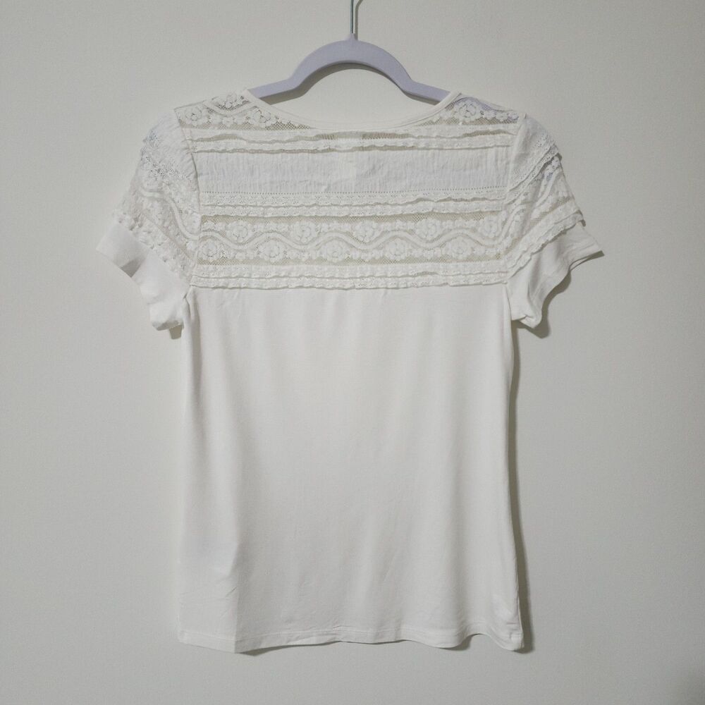 H&M Womens Yoke Lace Ruffle Top Ivory Jersey Short Sleeve Crew Neck Size S - Picture 4 of 11